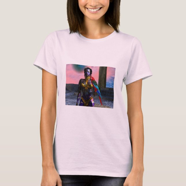 Camiseta NORA CYBER WARRIOR SEGURANDO MACAW Science Fiction (Frente)