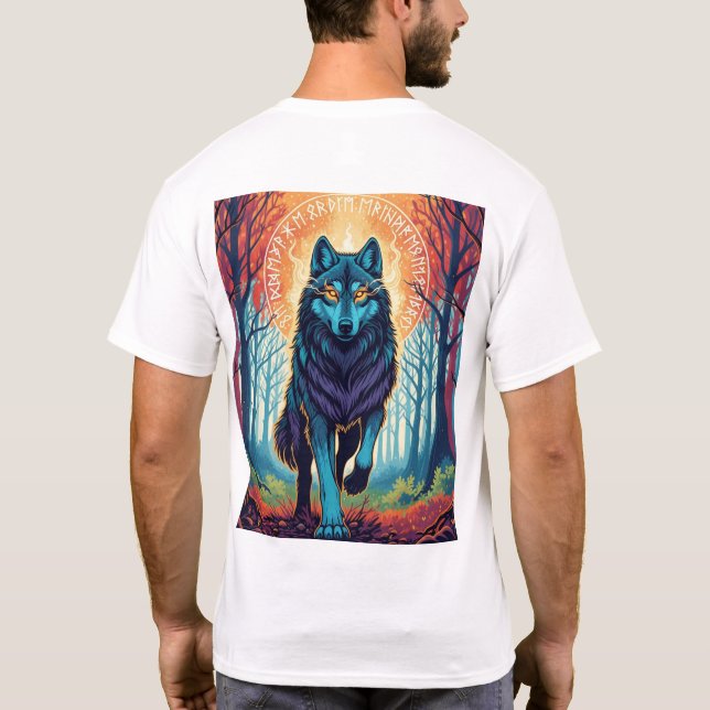 Camiseta Nordic Spirit Wolf com Runas e Floresta  (Verso)