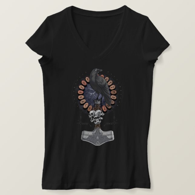 Camiseta Norse Viking Raven Hammer (Frente do Design)