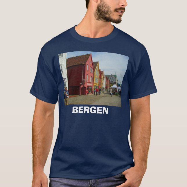 Camiseta Noruega, Bergen, construções pintadas tradicionais (Frente)