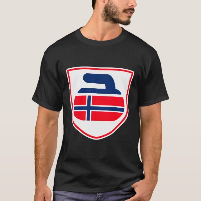 Camiseta Noruega Curling Shield Design Norueguês (Frente)