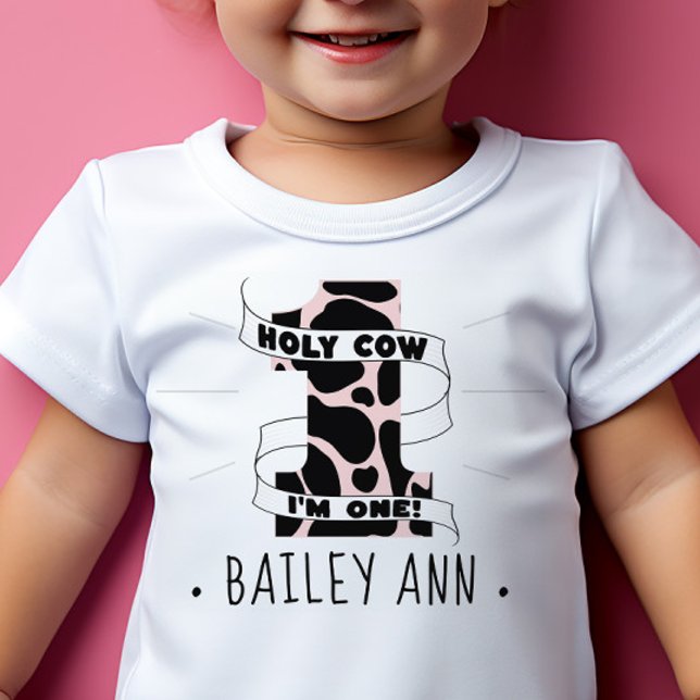 Camiseta Nossa, eu sou uma garota de primeiro aniversário M (holy cow I'm one first birthday bday shirt for girls pink cow print custom name)