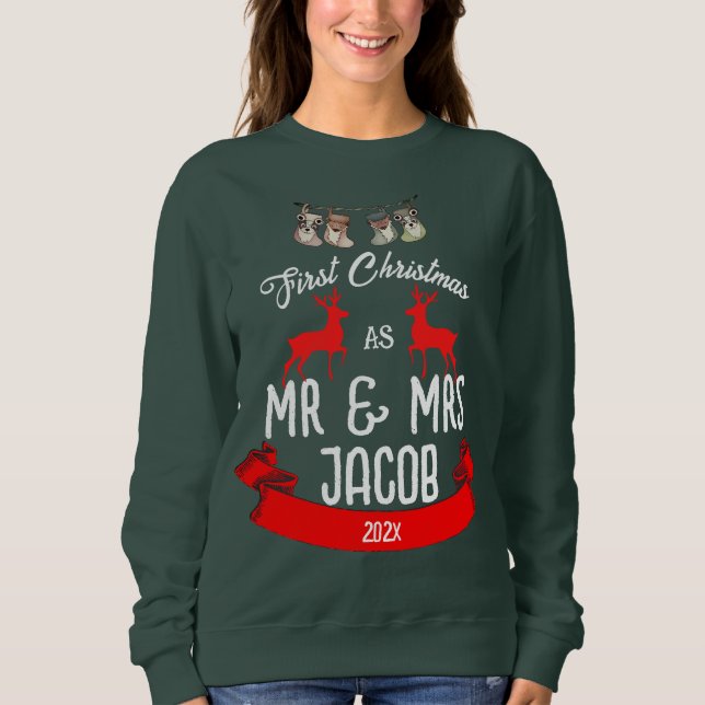Camiseta Nosso Primeiro Natal como Sr. e Sra. Newlywing (Frente)
