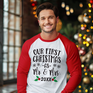 Camiseta Nosso Primeiro Natal como Sr. e Sra. Recém-Casados