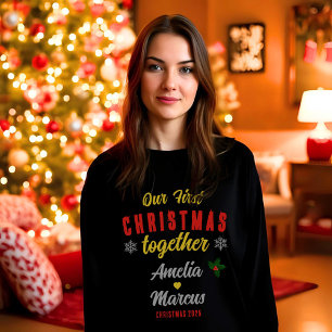 Camiseta Nosso Primeiro Natal Juntos Flocos de Neve Pretos