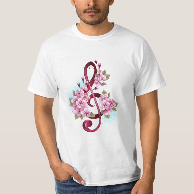Camiseta Notas de clave de trecho musical com flores de Sak (Frente)