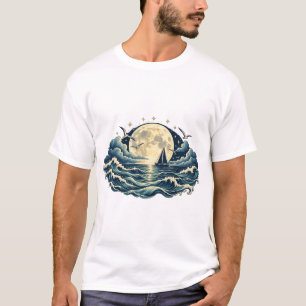 Camiseta Noturna Náutica Ondas do Oceano Lua Cheia
