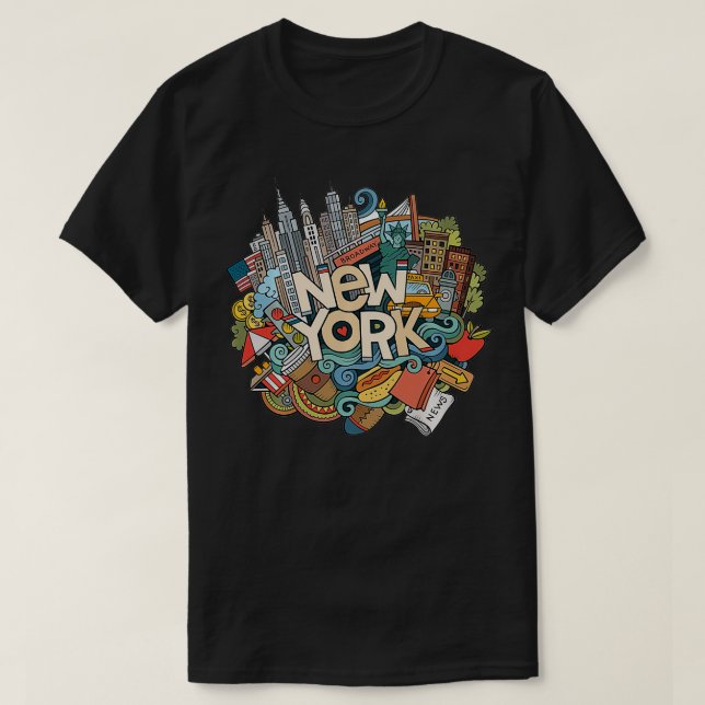 Camiseta Nova Iorque NYC Icônica Skyline Big Apple Dotado A (Frente do Design)
