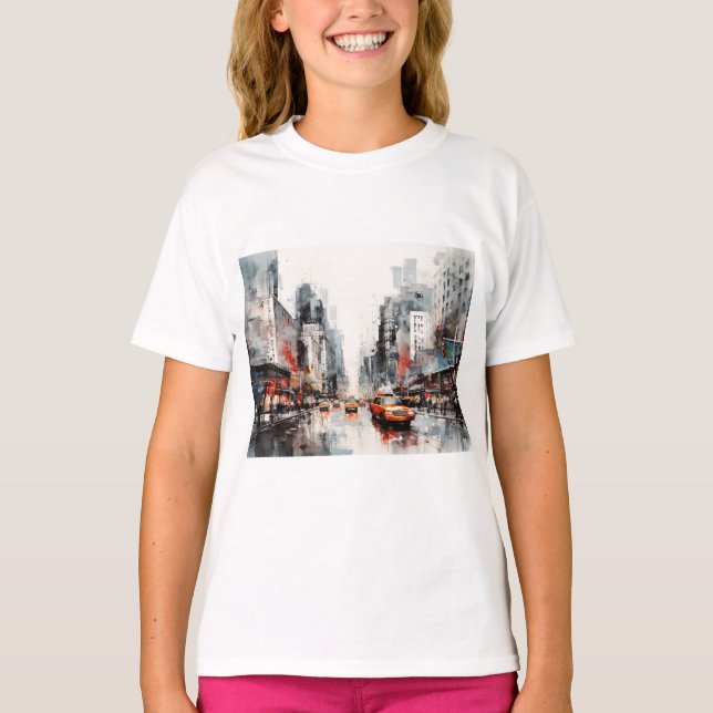 Camiseta Nova Iorque, paisagem pintada. (Frente)
