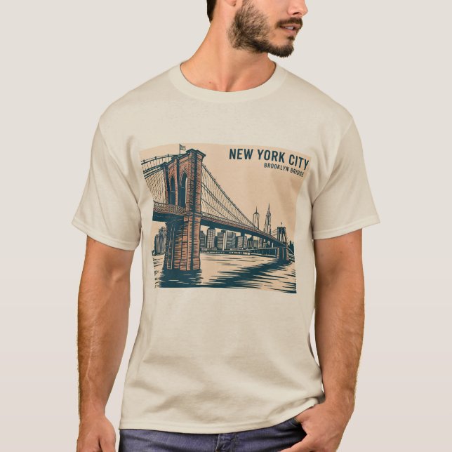 Camiseta Nova York Brooklyn Bridge Skyline Bold Retro Viage (Frente)