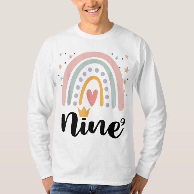 Camiseta Nove Anos Aniversário Festa do Arco-Íris 9 Anos (Frente)