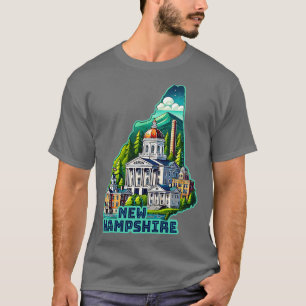 Camiseta Novo Mapa Estatal de Hampshire nos EUA com Marcas