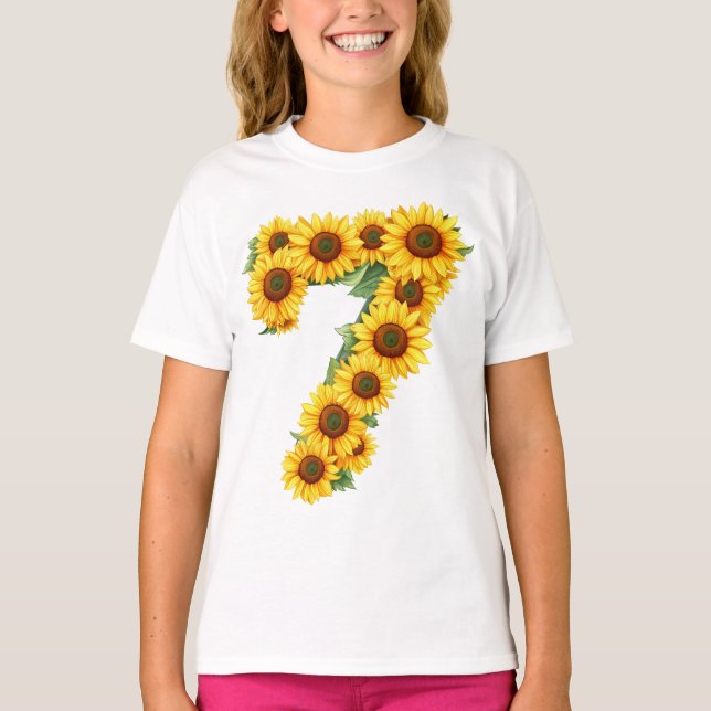 Camiseta Número 7 Girassóis Tema 7 Anos Crianças Meninas (Frente)