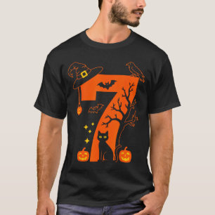 Camiseta Número Assustador 7 Design de Gato Preto de Hallow