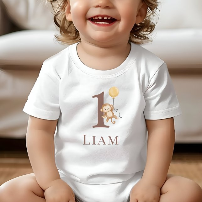 Camiseta Número de aniversário do pequeno macaco (Toddler wearing a white T-Shirt with the number 1 and a monkey holding a balloon.)