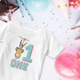 Camiseta Número Um Macaco Cute Contando Teal e Chapéu Rosa