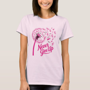 Camiseta Nunca Desista Dandelion Fita Rosa Câncer de Mama