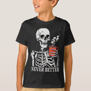 Camiseta Nunca Melhor Bebendo Skeletrificado Café Halloween