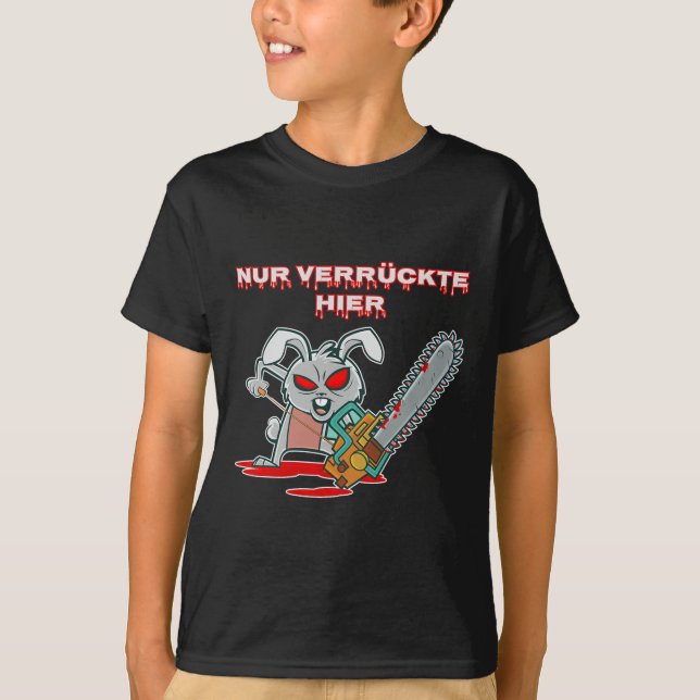 Camiseta Nur Verrückte Hier Fun Rabbit com Chainsaw Gift I (Frente)