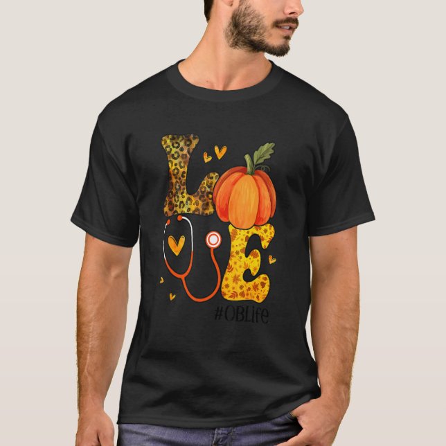 Camiseta Nurse Leopard Pumpkin Thanksgiving Love OB Nurse L (Frente)