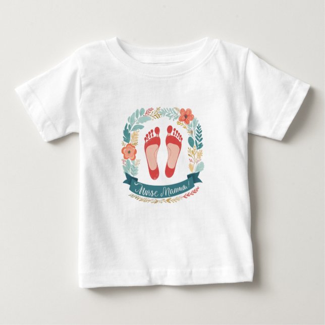 Camiseta Nurse Mamma with Baby Footprints and Floral Frame (Frente)
