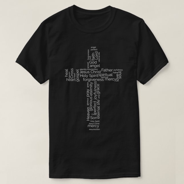 Camiseta Nuvem de Palavras Cristã em Forma de Cruz  (Frente do Design)
