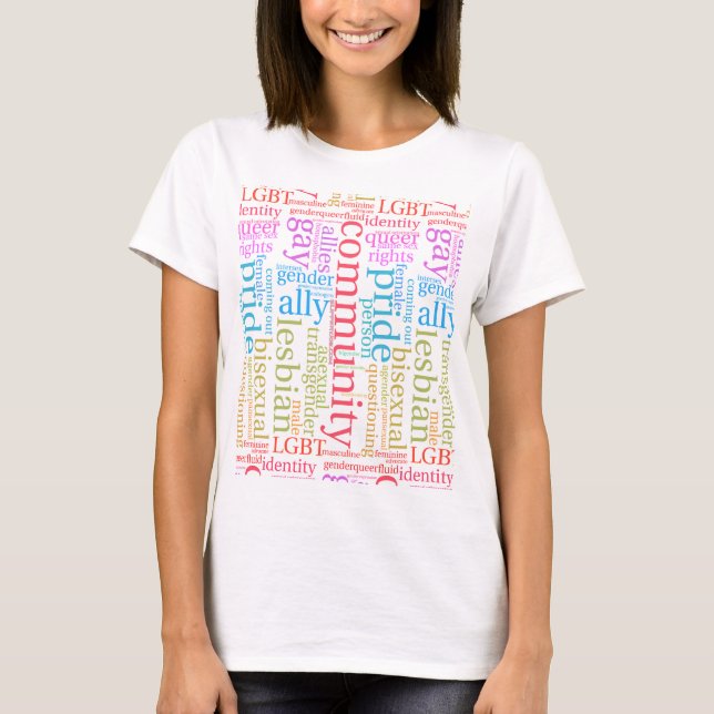 Camiseta nuvem de palavras da comunidade LGBTQ+ arco-íris d (Frente)