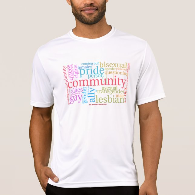Camiseta nuvem de palavras da comunidade LGBTQ+ arco-íris d (Frente)