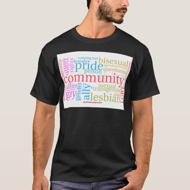 Camiseta nuvem de palavras da comunidade LGBTQ+ arco-íris d (Frente)