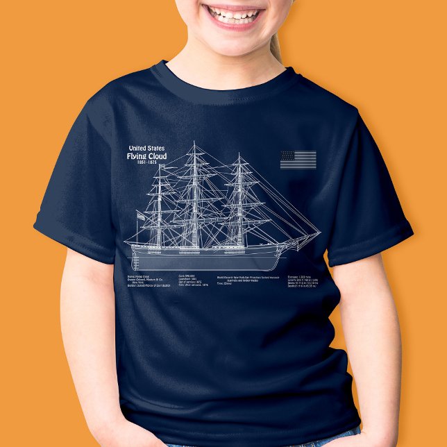 Camiseta Nuvem de Voo de Entrega do Clipper - ABD de Bluepr (Clipper Ship Flying Cloud - Blueprint ABD. Girl Basic Blue T-Shirt )