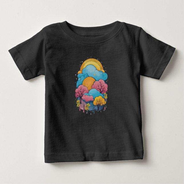 Camiseta Nuvens 23 chuvas, cores do arco-íris, nuvens brilh (Frente)