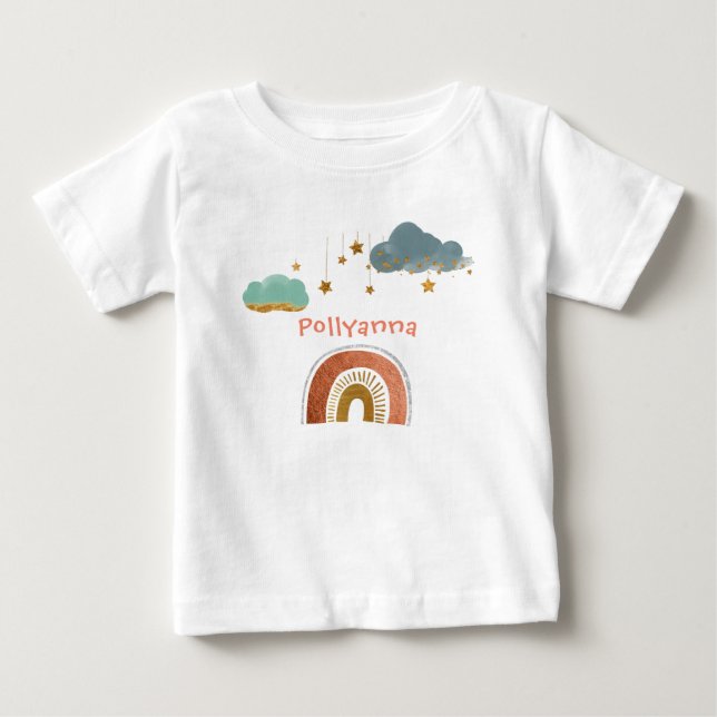 Camiseta Nuvens Adoráveis, Estrelas e Arco-Íris - Ilustraçã (Frente)