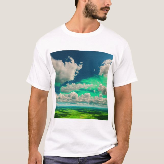 Camiseta Nuvens brancas com uma vista de cor verde incrível (Frente)