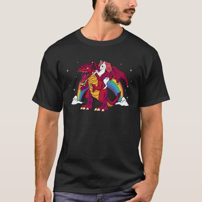 Camiseta Nuvens de Arco-Íris Animais da Fantasia Vermelha d (Frente)