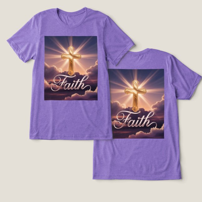 Camiseta Nuvens Roxas Cruz Dourada Fé (Design Frente e Verso)