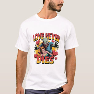 Camiseta O Amor Nunca Morre – Pin-Up de Terror Zumbi Retro