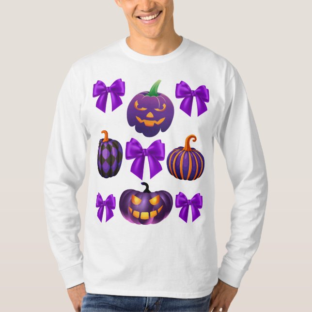 Camiseta O arco do Pumpkin Halloween Roxo cai (Frente)