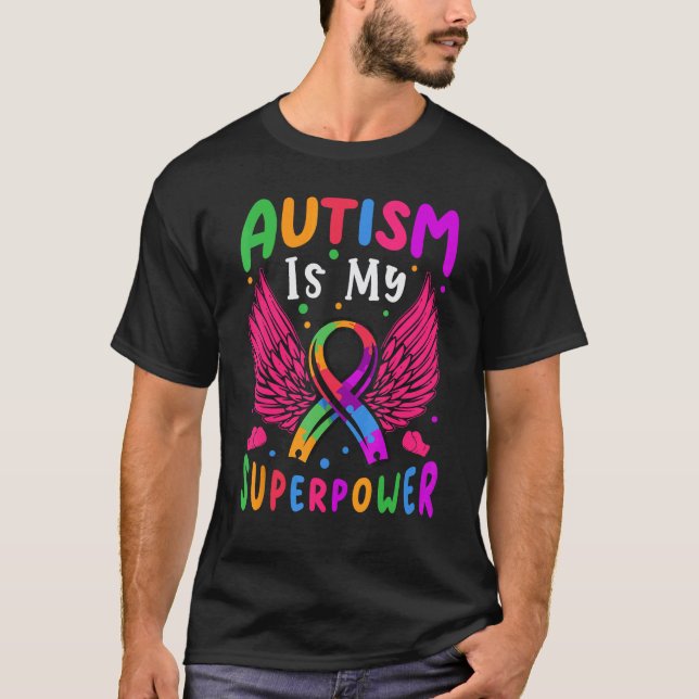 Camiseta O Autismo É Minha Superpoder Faixa de Puzzle Asas (Frente)