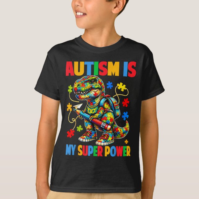 Camiseta O autismo é um superpoder dino t rex puzzle autism (Frente)