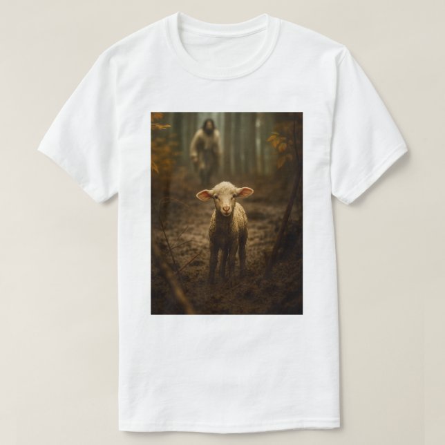 Camiseta O Bom Pastor e a Ovelha Perdida – Jesus & Cordeiro (Frente do Design)