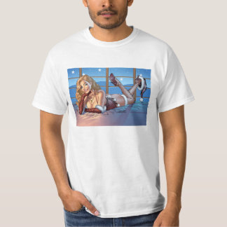 Camiseta O cabelo louro, azul Eyed a ilustração da beleza -