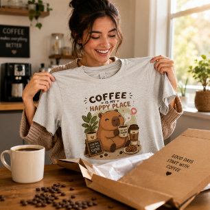 Camiseta O Café É Meu Lugar Feliz Capivara Fofo Amor Por Ca