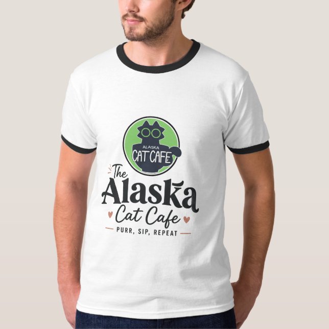 Camiseta O Cat Cafe Alasca “Ronronar, Beber, Repetir” (Frente)