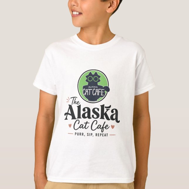 Camiseta O Cat Cafe do Alasca “Ronronar, Beber, Repetir” (Frente)