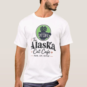 Camiseta O Cat Cafe do Alasca “Ronronar, Beber, Repetir”