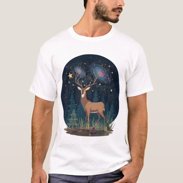 Camiseta O Cervo com Galáxias em suas Galhadas (Frente)