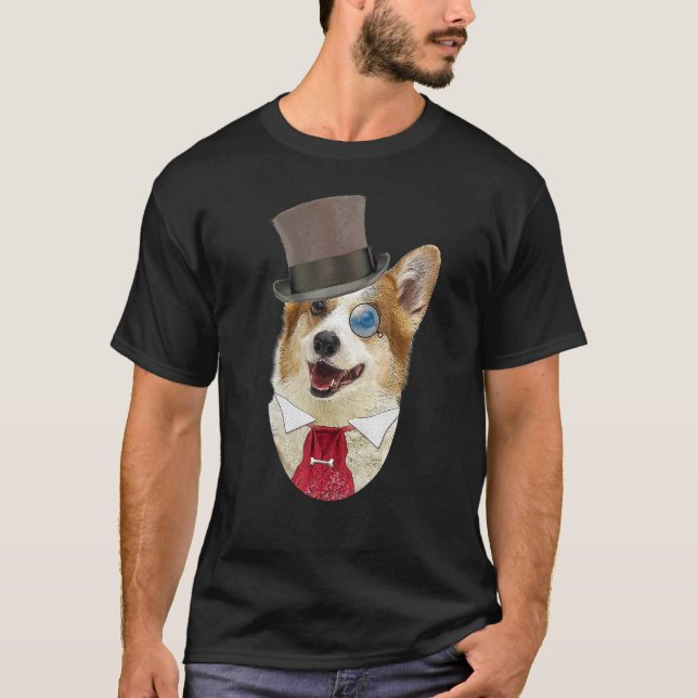 Camiseta O Corgi Cavalheiro Com Cartola e Monóculo (Frente)