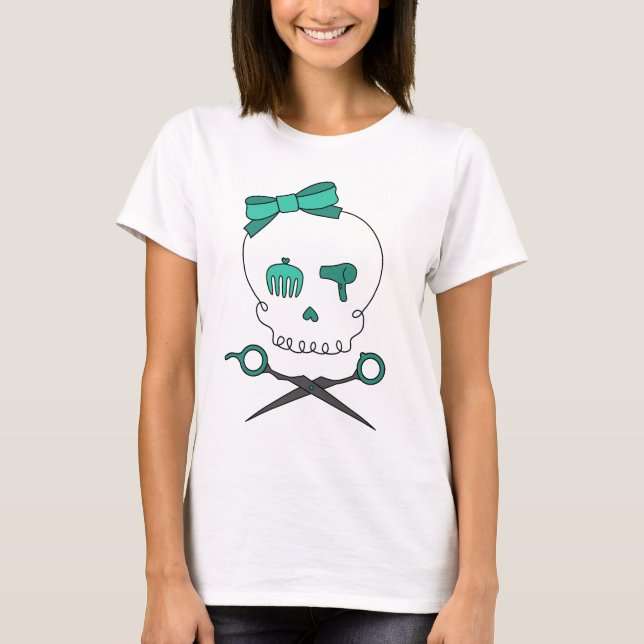 Camiseta O crânio do cabeleireiro & Scissor Crossbones - (Frente)