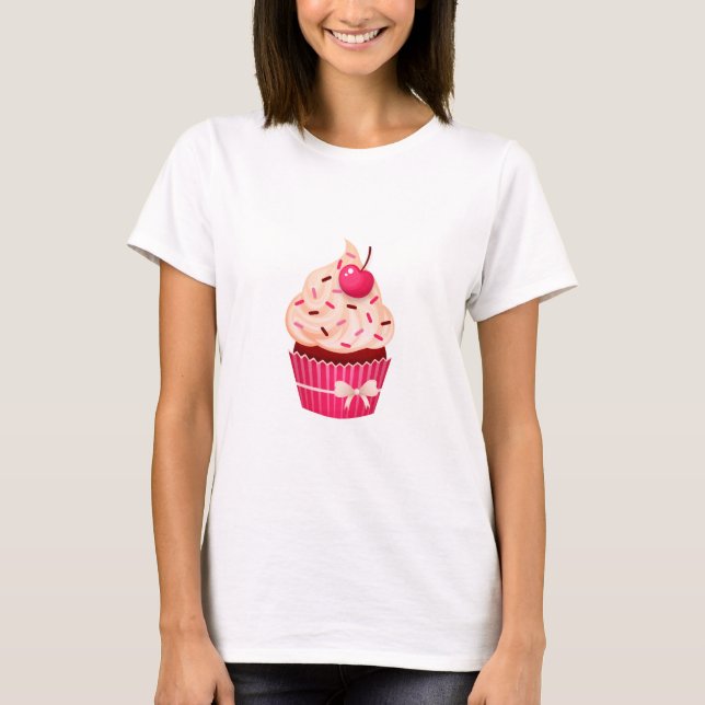 Camiseta O cupcake cor-de-rosa bonito com polvilha e cereja (Frente)