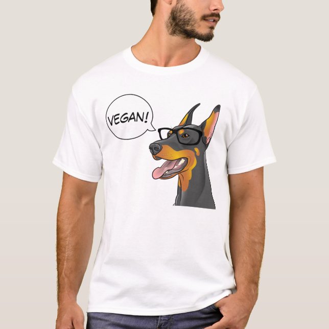 Camiseta O Doberman do geek do cão do hipster diz o Vegan! (Frente)
